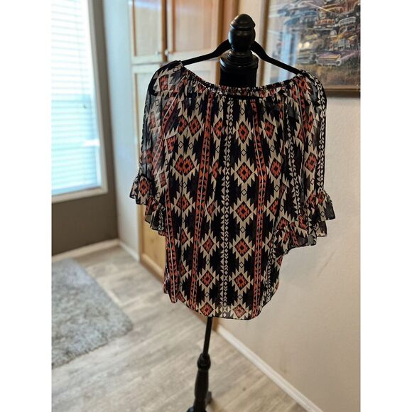 Womans‎ top S Black Orange aztec Sheer Top K80 - Picture 1 of 2